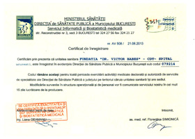 Certificate of registration in the records of the Bucharest Public Health Department